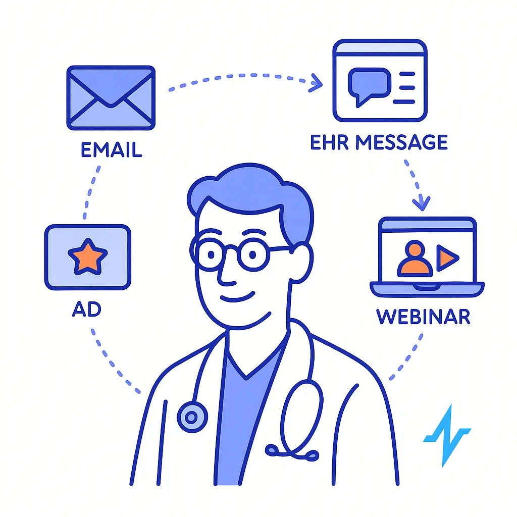 Journey path showing a doctor receiving email, ad, EHR message and webinar invites sequentially.