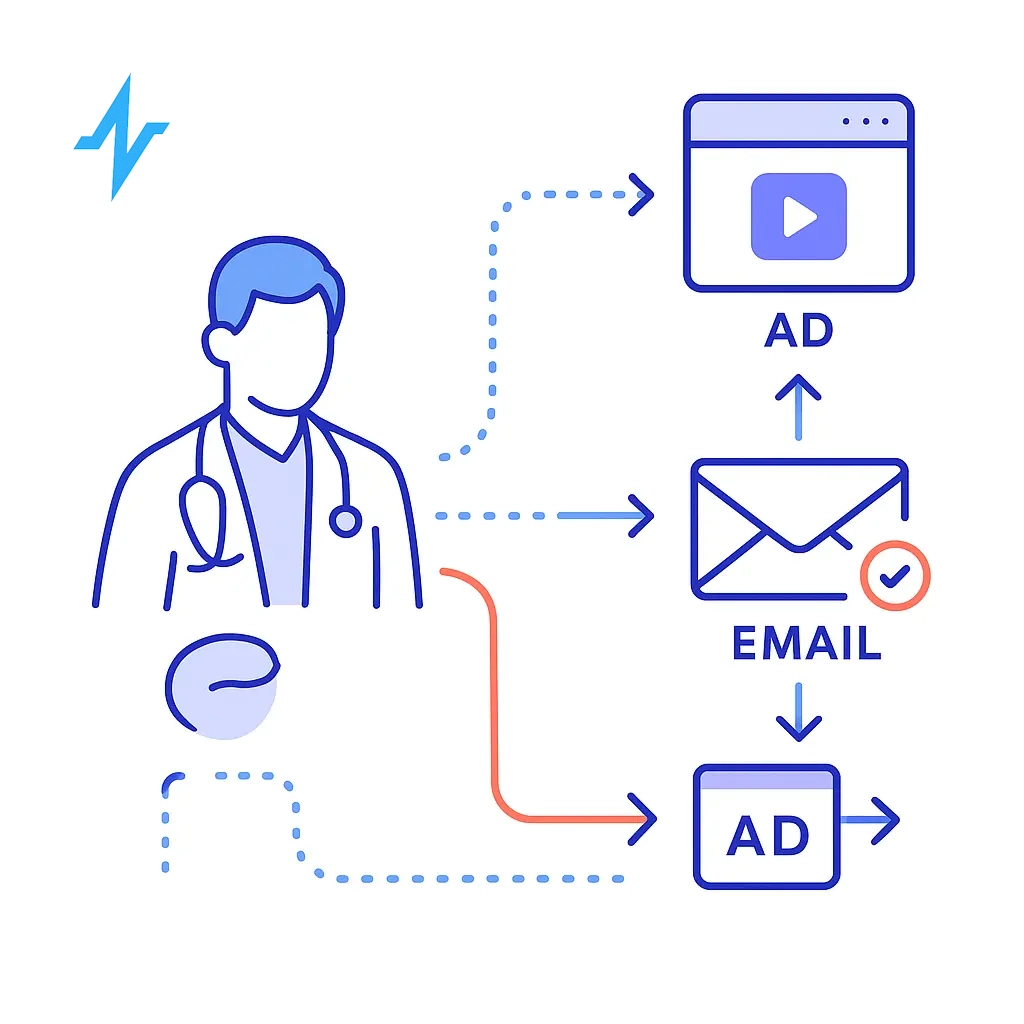 Flowchart demonstrating follow‑up emails and retargeting ads based on a doctor's engagement behavior.