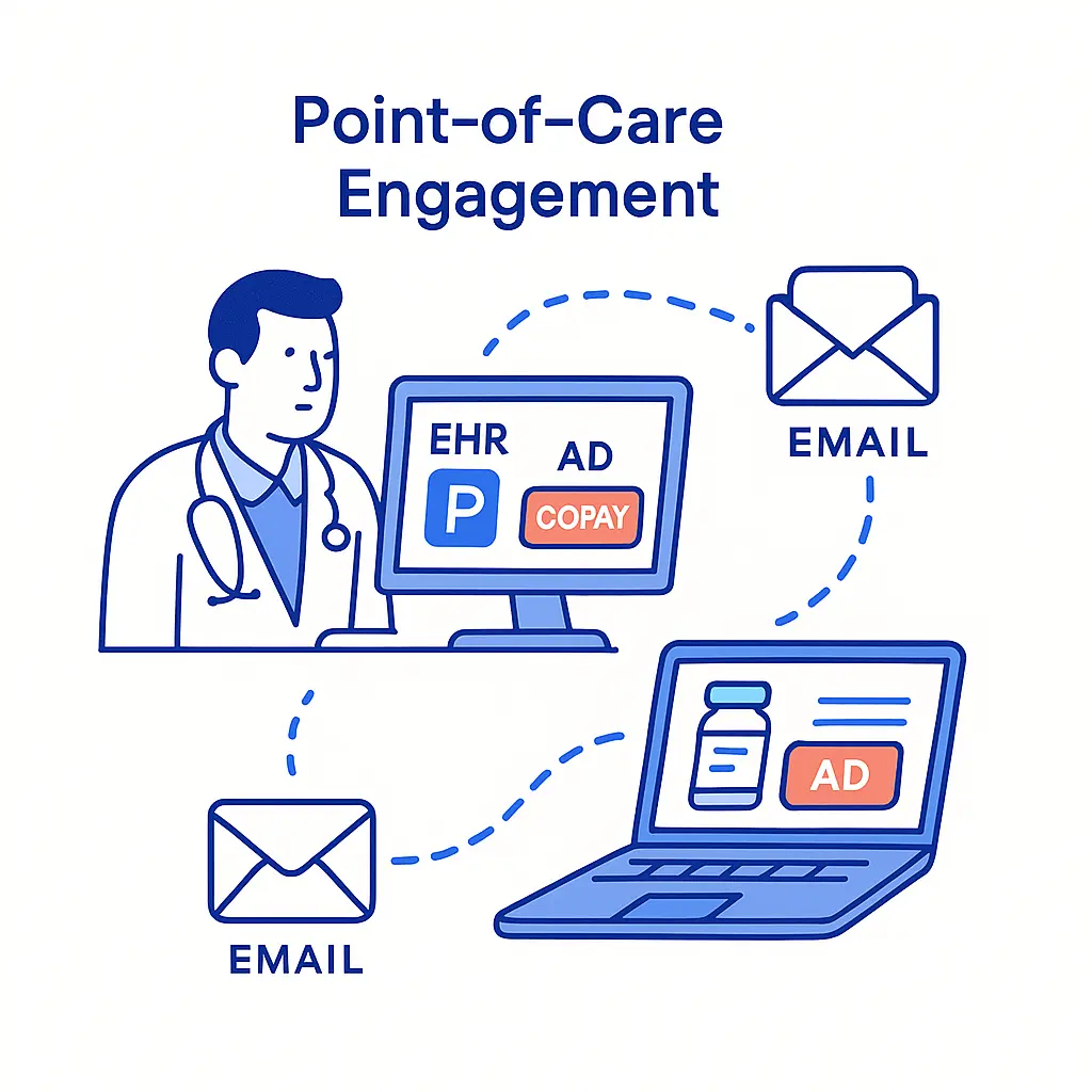 Doctor at an EHR receiving a copay ad nudge followed by automated email in a point-of-care scenario.