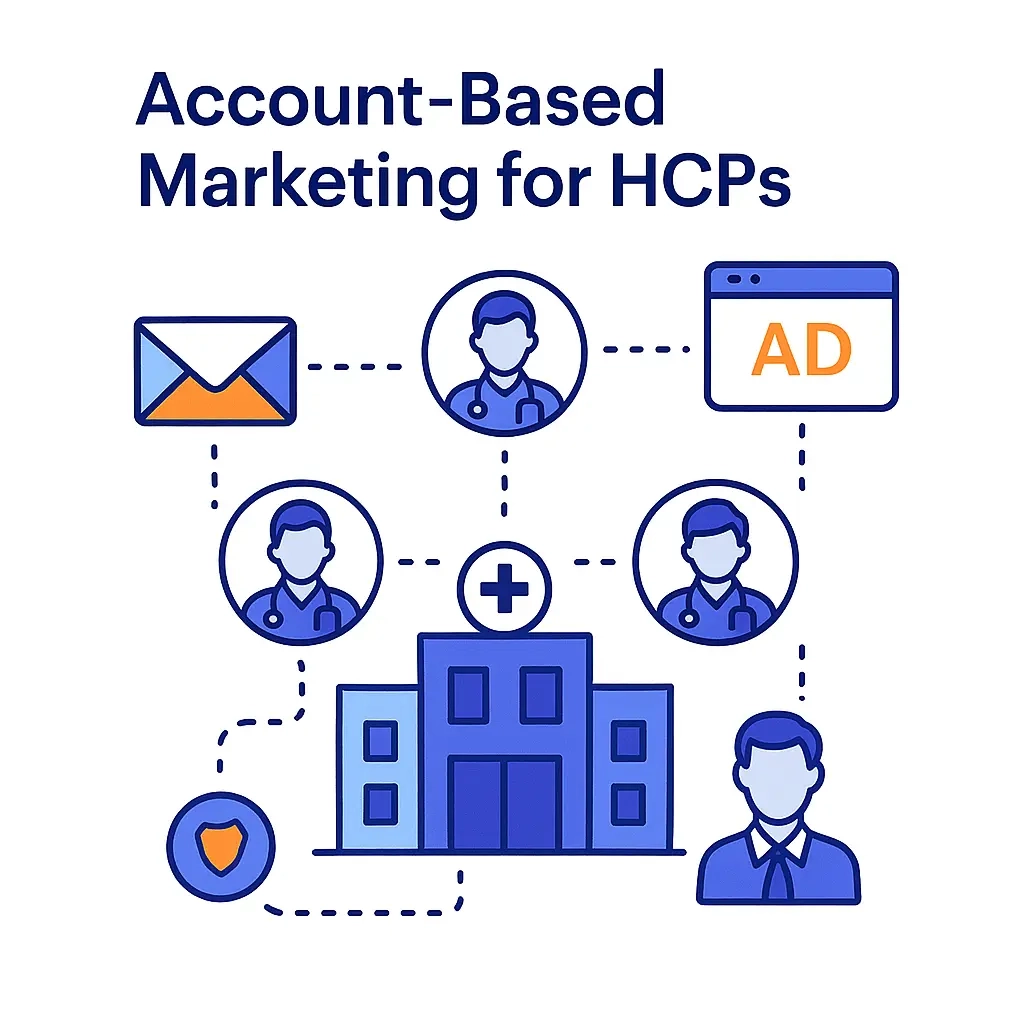 Hospital building connected to targeted doctors via email and ad icons illustrating account‑based marketing.