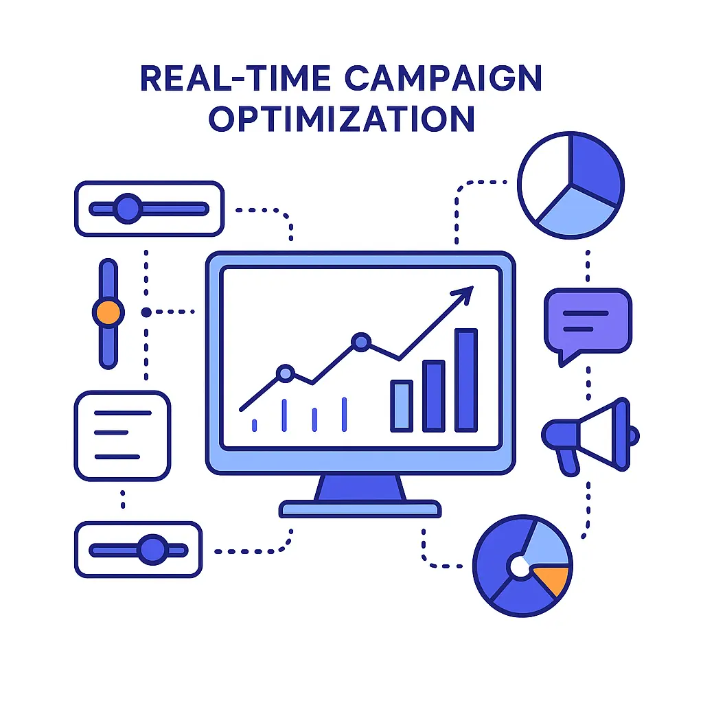 Dashboard with sliders, charts and dials showing real‑time adjustments to marketing channels.