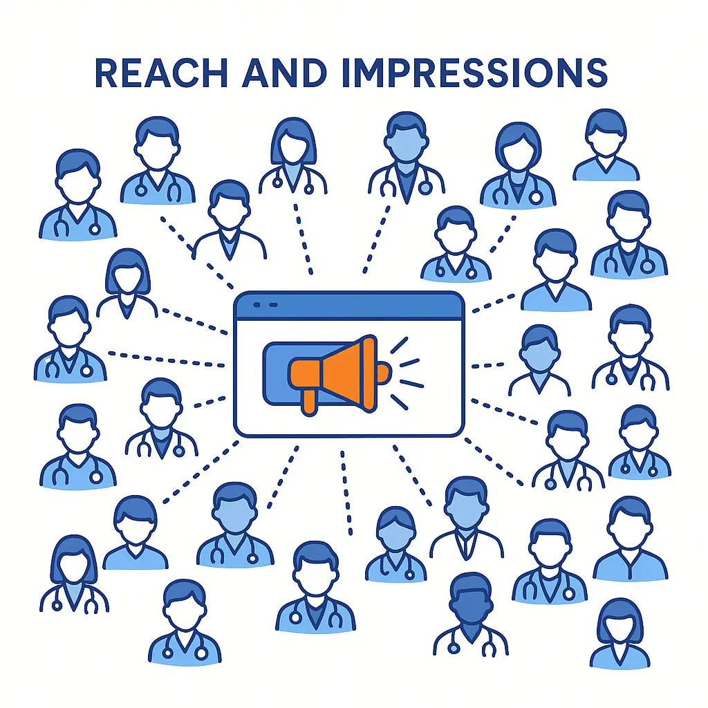 Central megaphone broadcasting to a network of doctor icons representing reach and impressions.