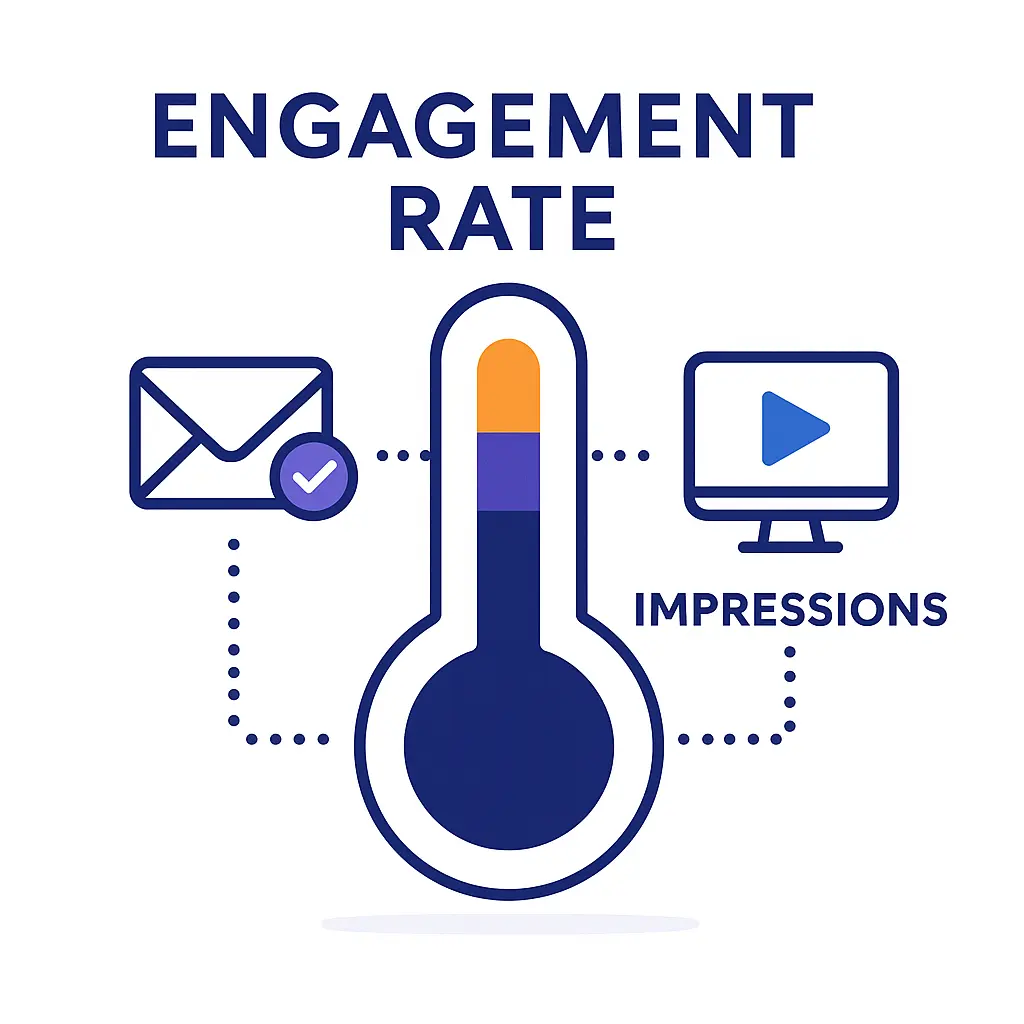 Gauge and icons comparing email and ad impressions to illustrate engagement rate performance.