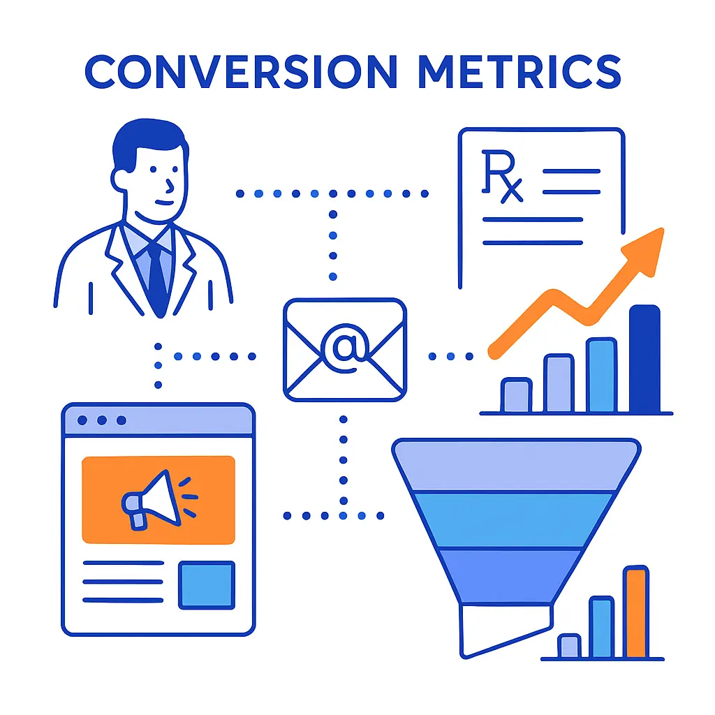 Funnel graphic linking HCP interactions with ads and emails to conversions like prescriptions and ROI.