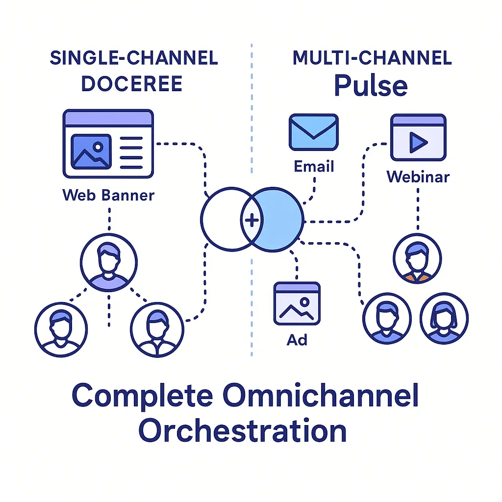 Split‑screen comparison of a single‑channel Doceree approach versus integrated multichannel Pulse orchestration.