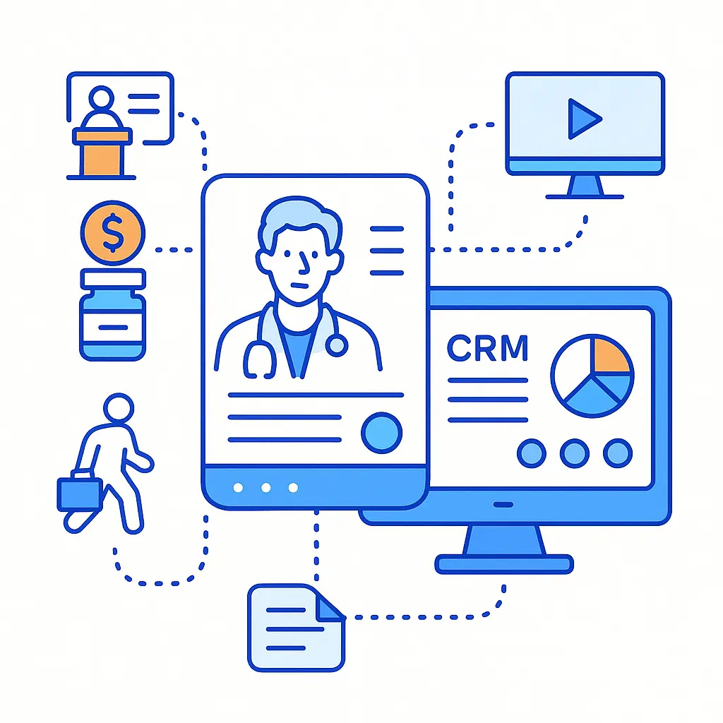 CRM profile card with dotted lines to interactions like events, prescriptions and rep visits for holistic profiles.