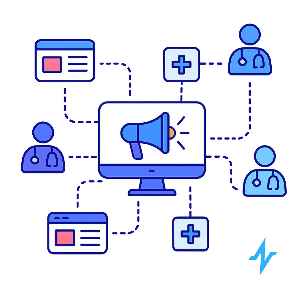 Network visualization of physicians connected to ad screens in EHRs and medical websites via dotted line connectors.