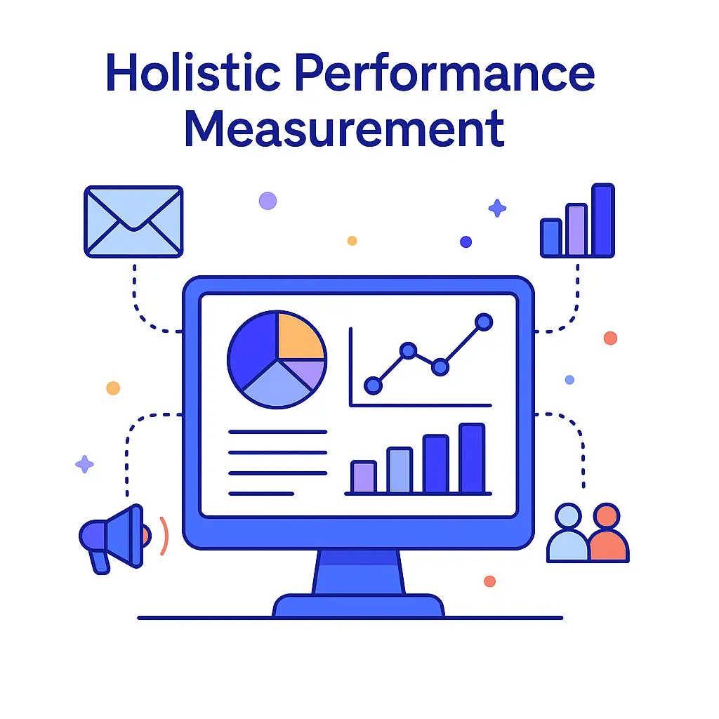 Unified analytics dashboard combining charts from emails, ads and sales for holistic performance measurement.