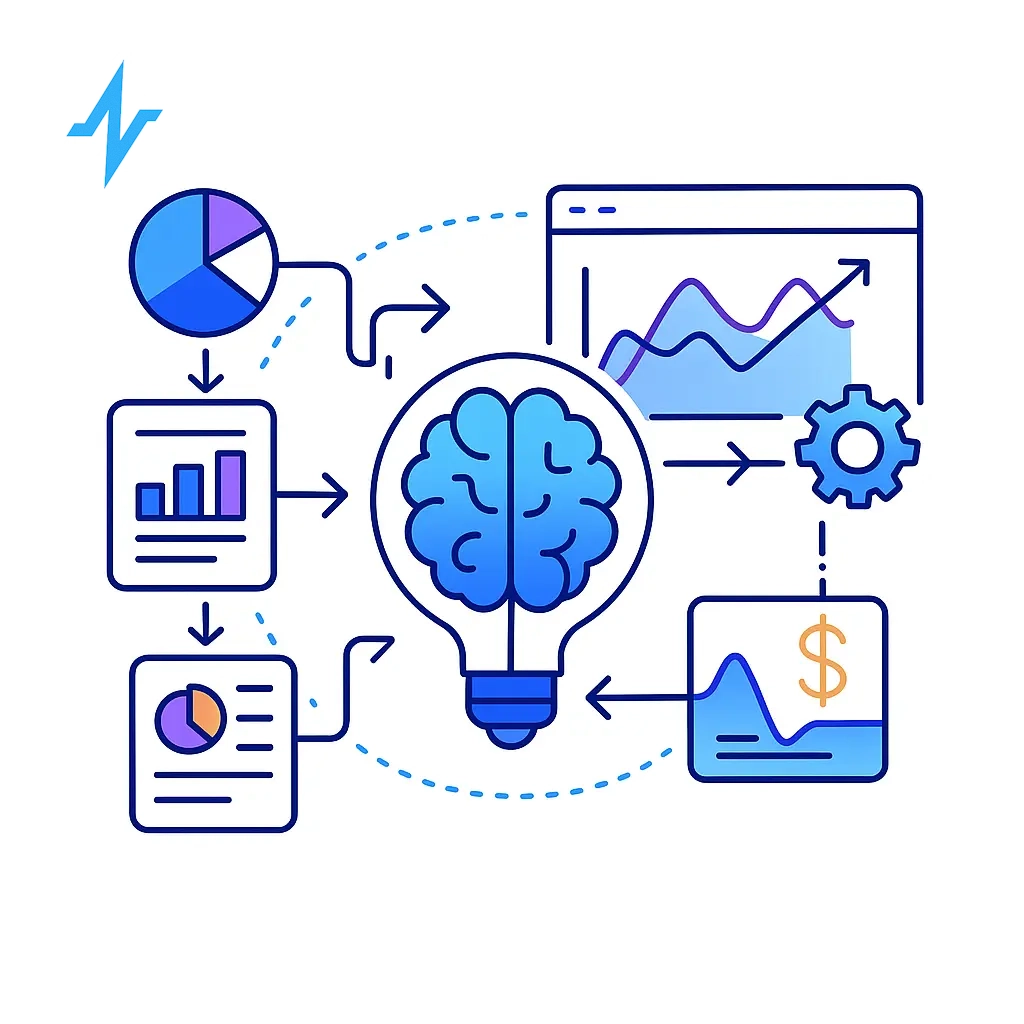 AI brain processing data streams into optimized recommendations with charts and graphs.