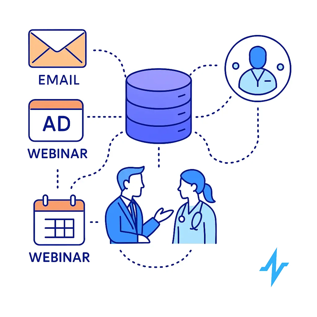 Infographic of a central database unifying data from emails, ads, webinars and rep interactions into a single source of truth.