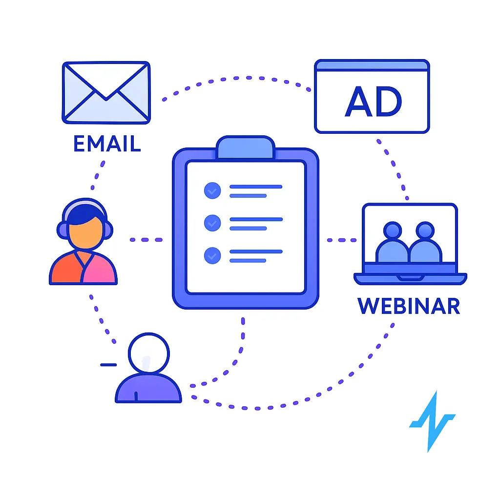 Illustration showing a central hub coordinating emails, ads, webinars and support channels via dotted lines.