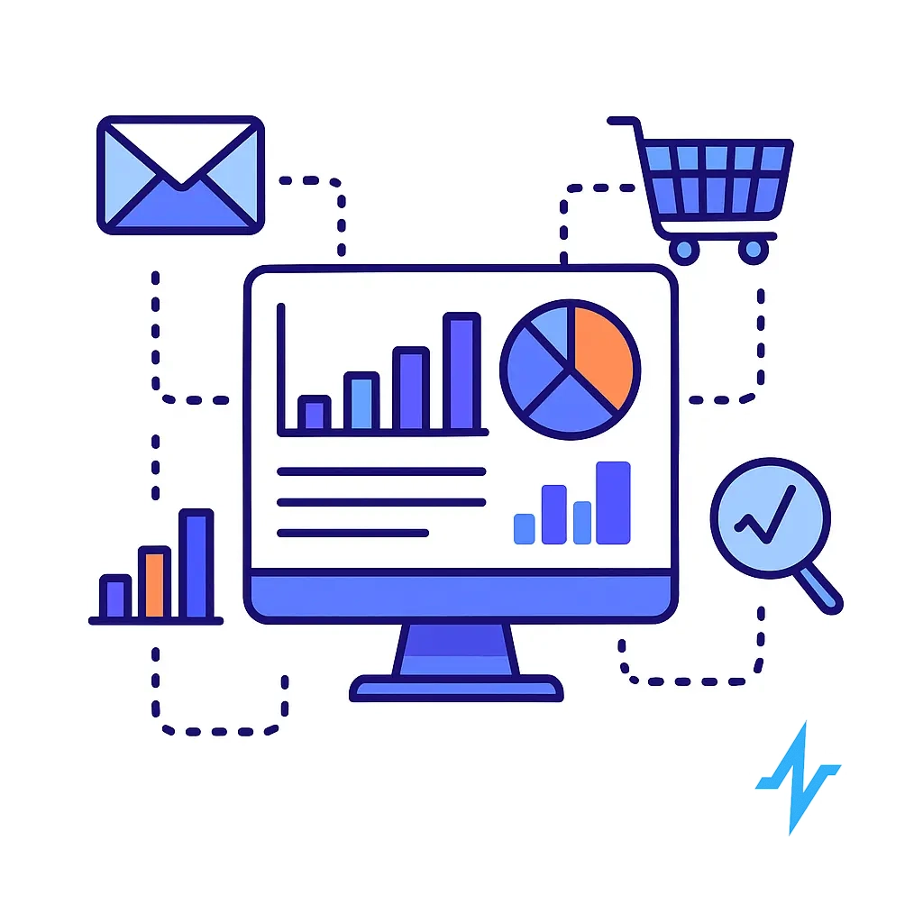 Dashboard graphic with charts connected to marketing icons representing consolidated analytics across channels.
