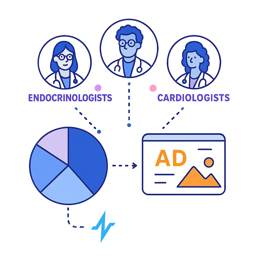 Pie chart linking to doctor personas to illustrate how combined data improves targeting of healthcare segments.