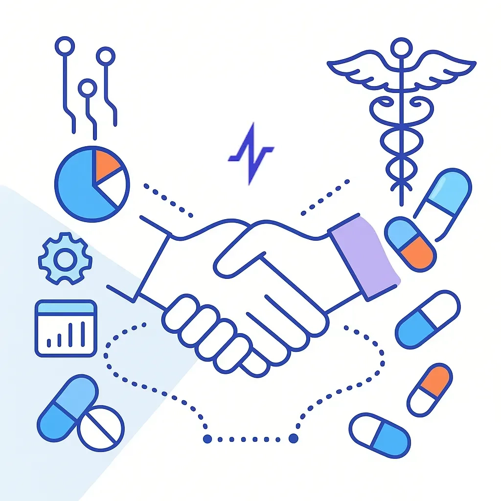 Illustration of a digital handshake merging marketing technology with pharmaceutical symbols, emphasizing partnership in ADHD healthcare.