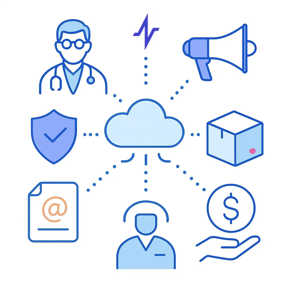 Central cloud links to icons for data licensing, field support, email services, sample management and marketing strategy.