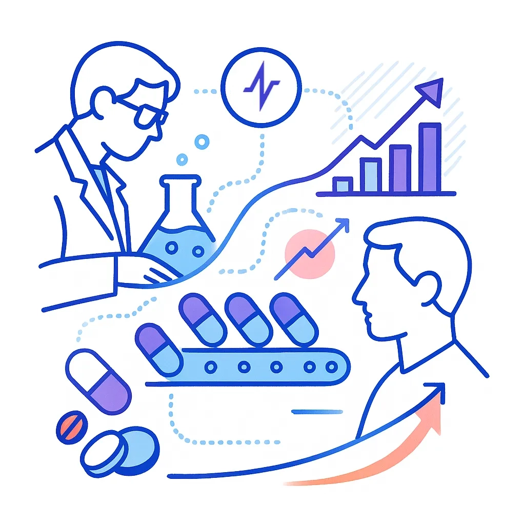 Conveyor of pill capsules moves from lab research to a patient silhouette, showing a robust ADHD product pipeline.