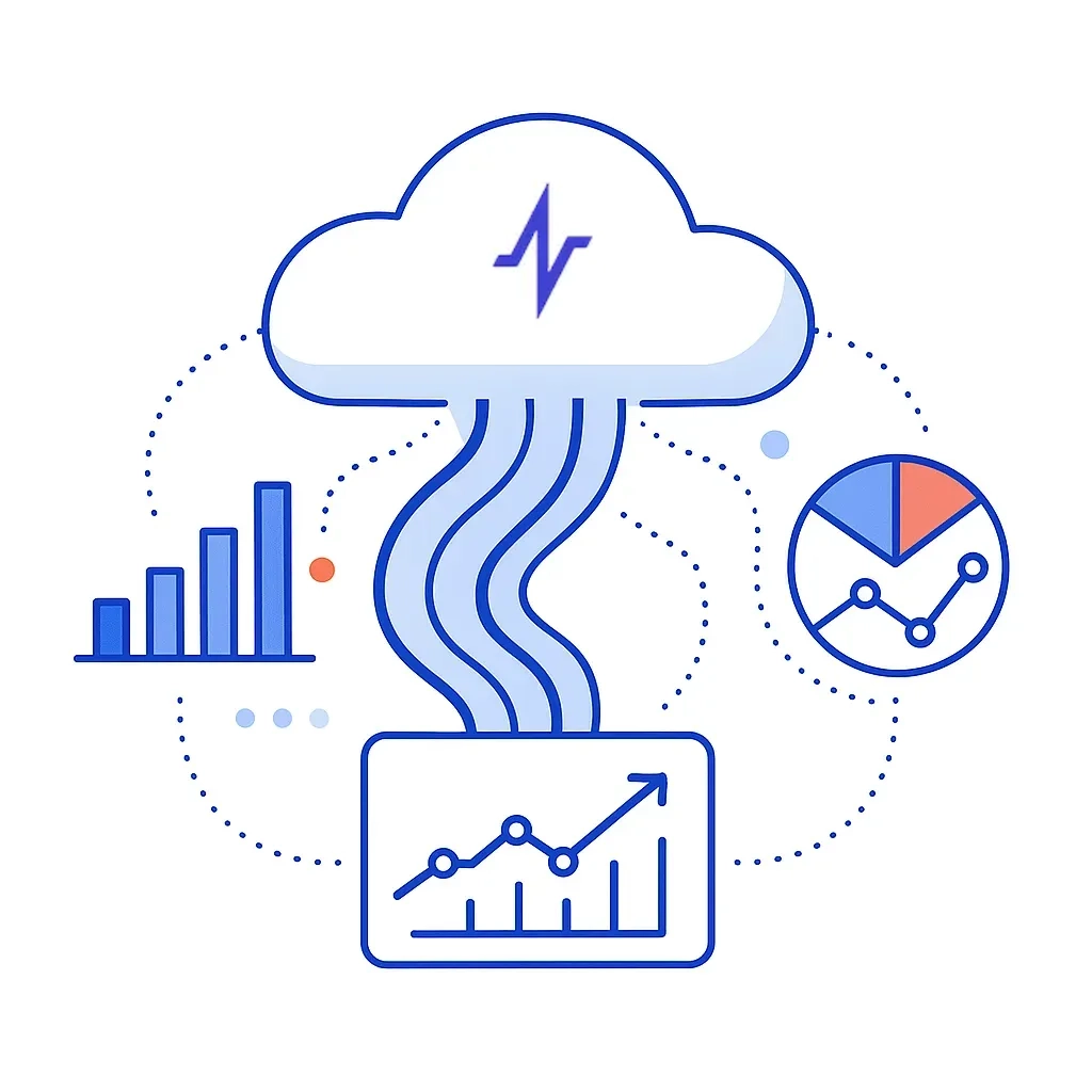 Cloud emits data streams connecting to graphs and analytics icons, representing cloud-driven marketing intelligence.