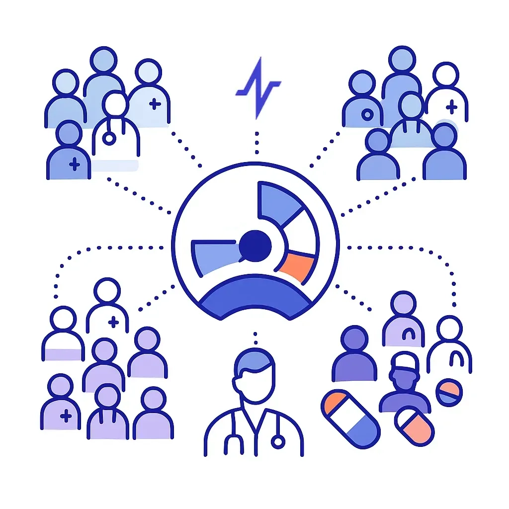 Central analytics dashboard connects via dotted lines to segmented doctor groups, illustrating unified marketing intelligence.