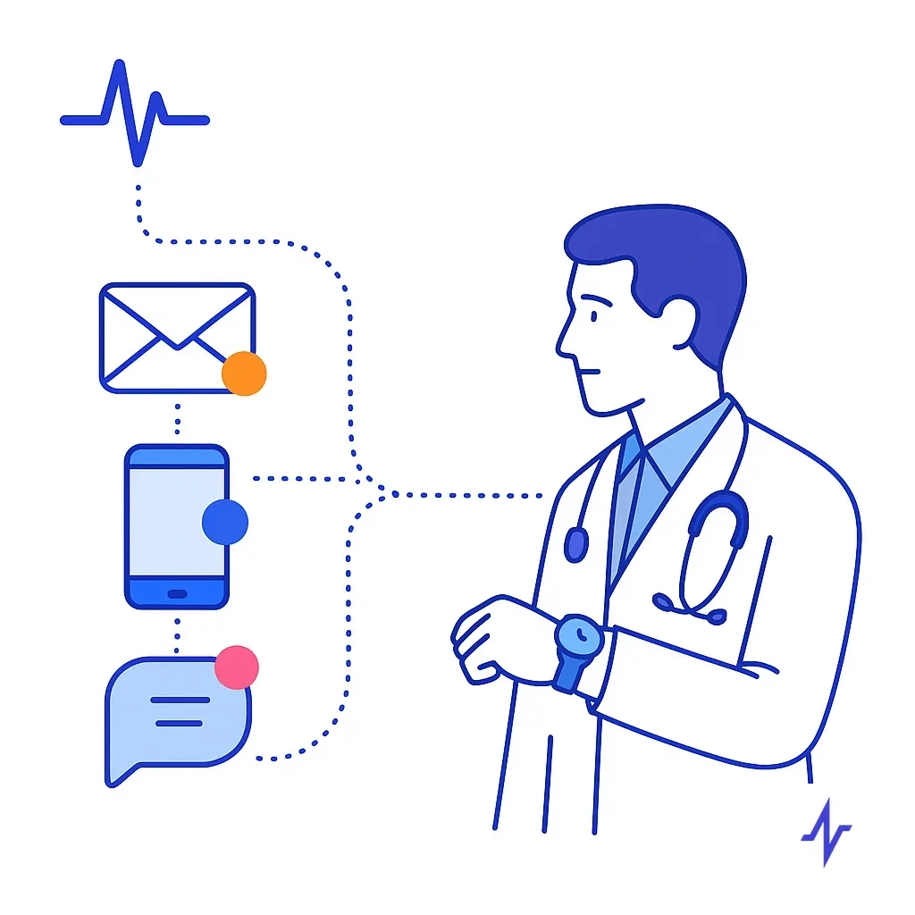 Icons of email, smartphone and chat connect to a doctor checking a watch, depicting precise and timely messaging.