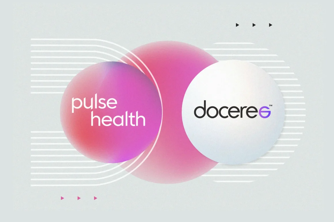 Two overlapping gradient spheres labeled “Pulse Health” and “Doceree” connected by white concentric lines on a soft gray background.
