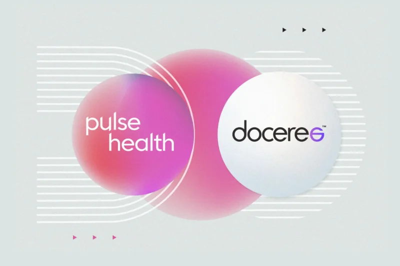 Two overlapping gradient spheres labeled “Pulse Health” and “Doceree” connected by white concentric lines on a soft gray background.