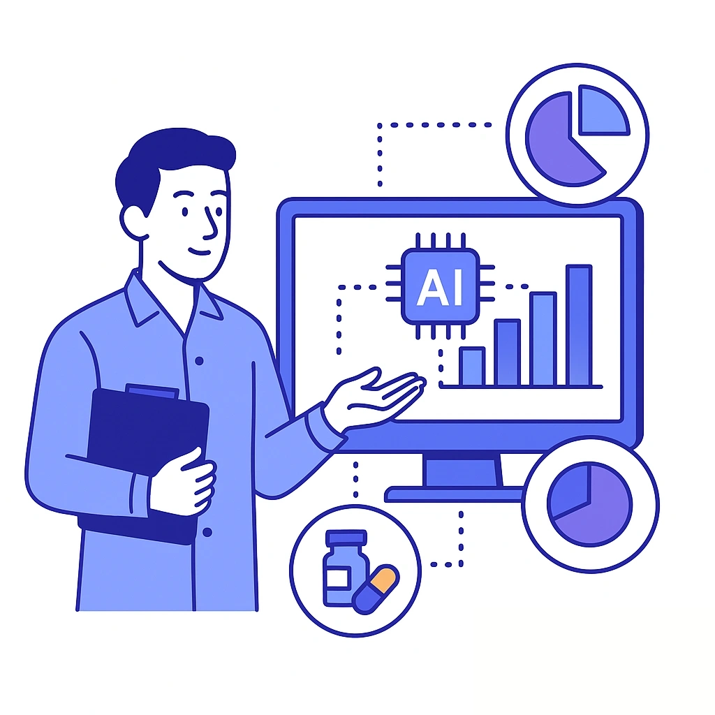 Different HCP personas receive tailored emails, brochures and slides connected by dotted lines under a compliance shield.