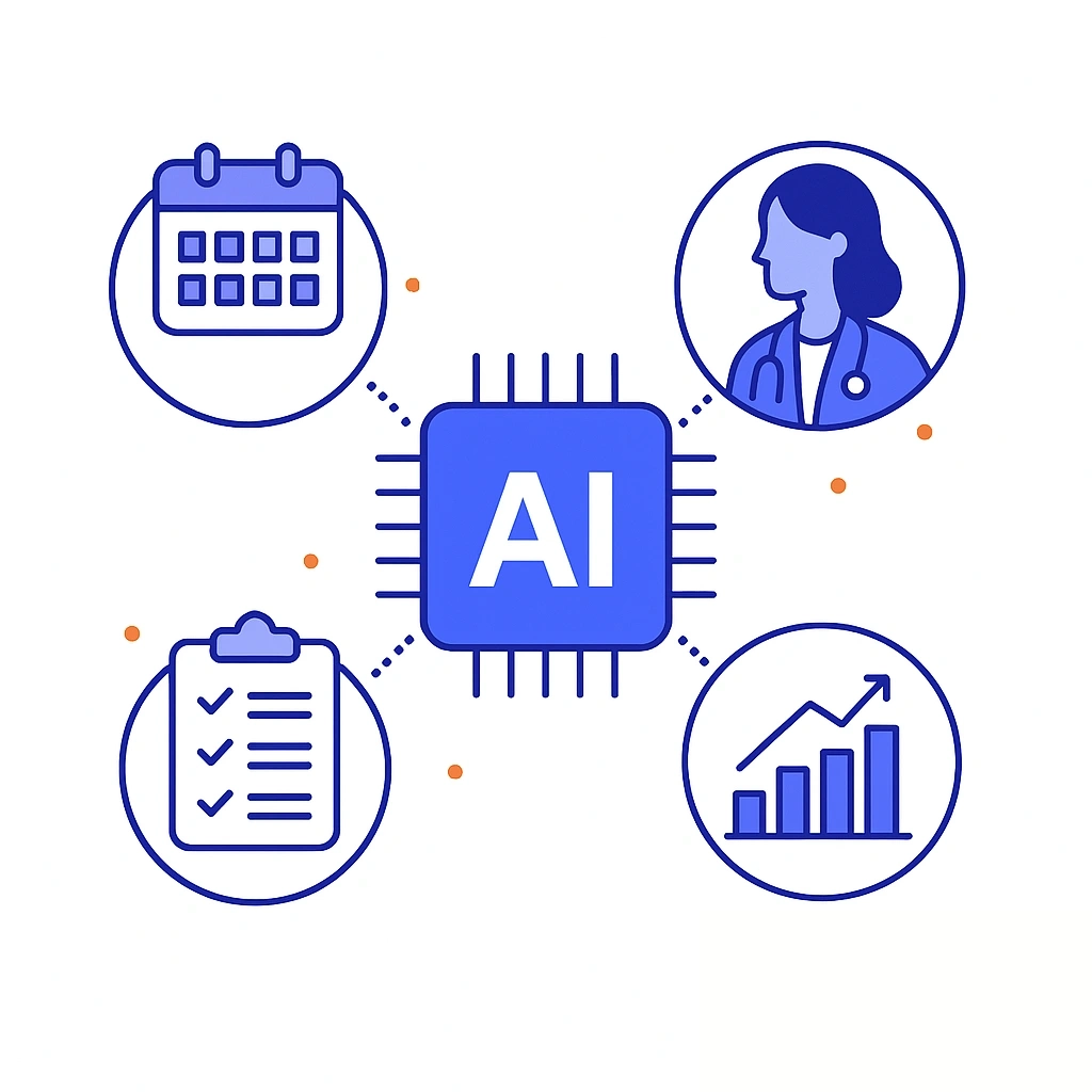 Infographic comparing traditional CRM tasks with AI‑powered features using paired icons and dotted connectors.