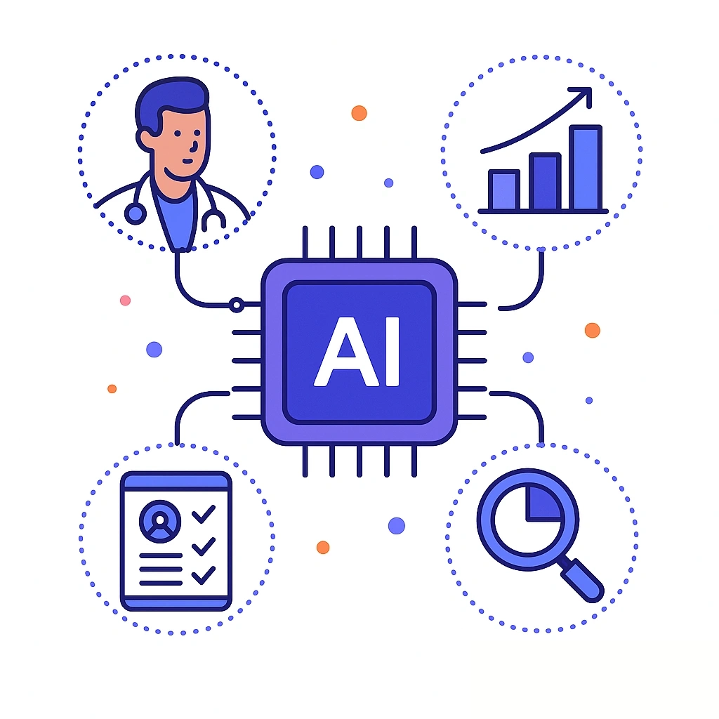 Illustration showing graphs, signals and an AI drafting emails merging into one intelligent platform.