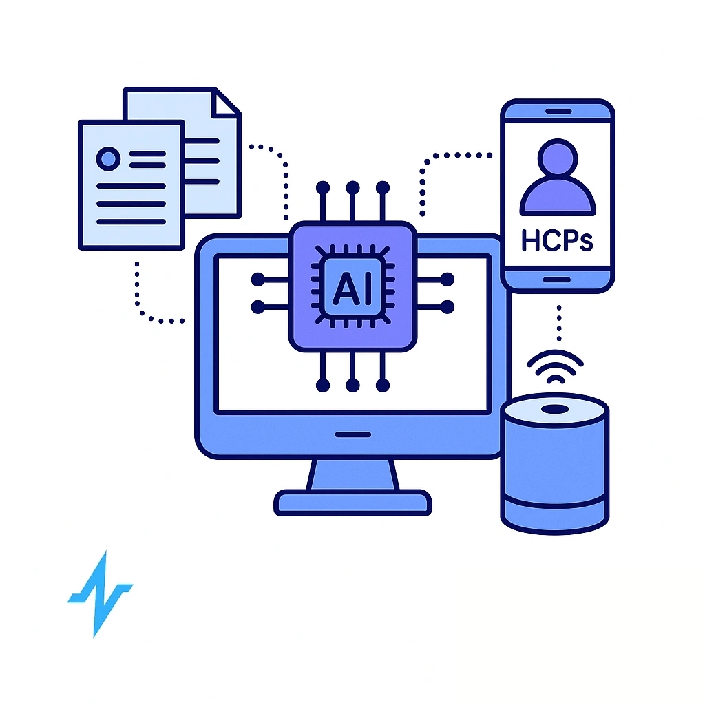 Puzzle pieces and ID cards merge into a single unified HCP profile linked by dotted lines.