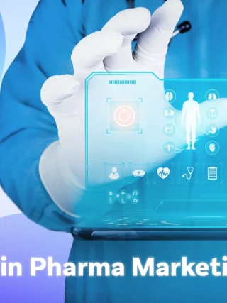 Clinician in scrubs uses a tablet projecting a blue holographic AI dashboard with medical icons, symbolizing AI-driven pharma marketing.