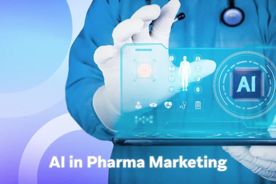Clinician in scrubs uses a tablet projecting a blue holographic AI dashboard with medical icons, symbolizing AI-driven pharma marketing.