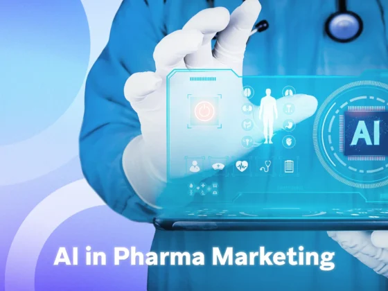 Clinician in scrubs uses a tablet projecting a blue holographic AI dashboard with medical icons, symbolizing AI-driven pharma marketing.