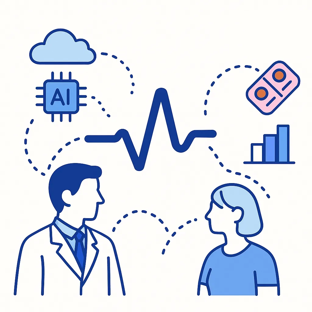 Illustration of AI connecting doctors, patients, and data streams with a heartbeat motif and icons symbolizing pharma marketing.