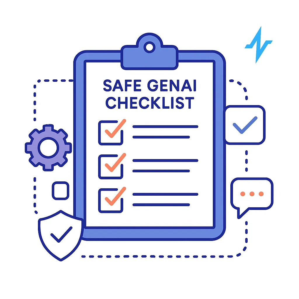 Clipboard checklist with shields and gears represents a safe generative AI checklist for regulated industries.