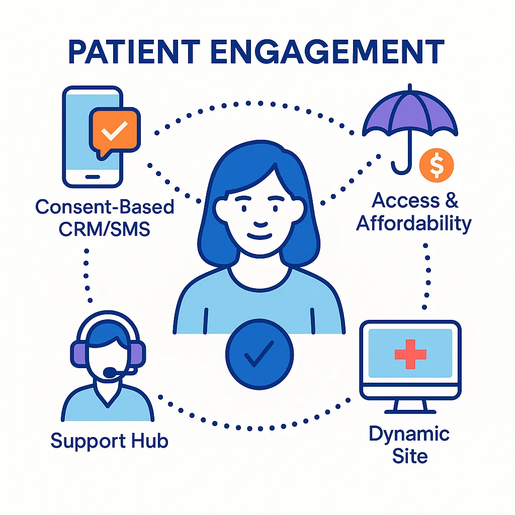 Patient silhouette connects to icons for SMS CRM, access programs, support hubs, and dynamic digital experiences.