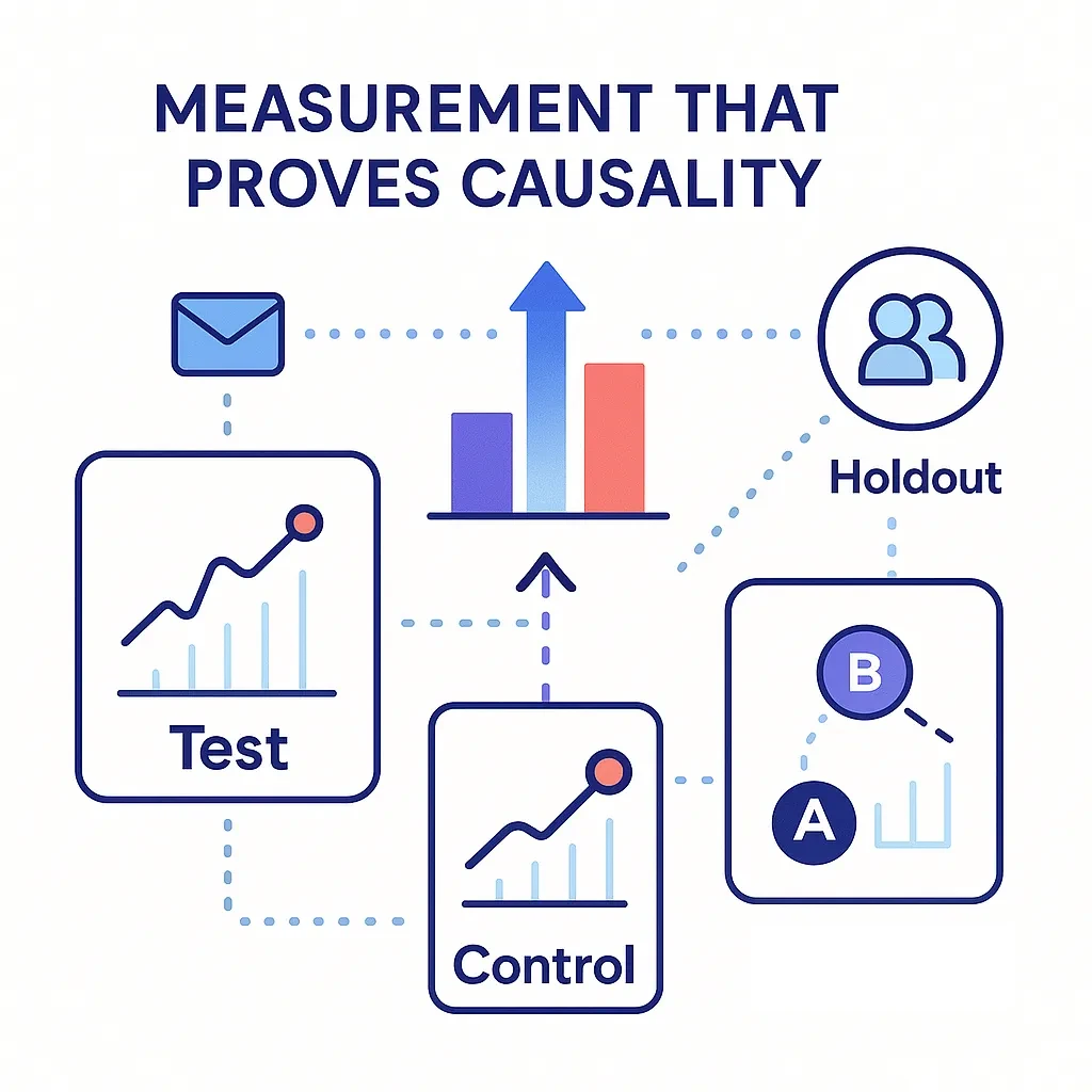 Test and control graphs with holdout groups and arrows depict experimental design for proving causality.