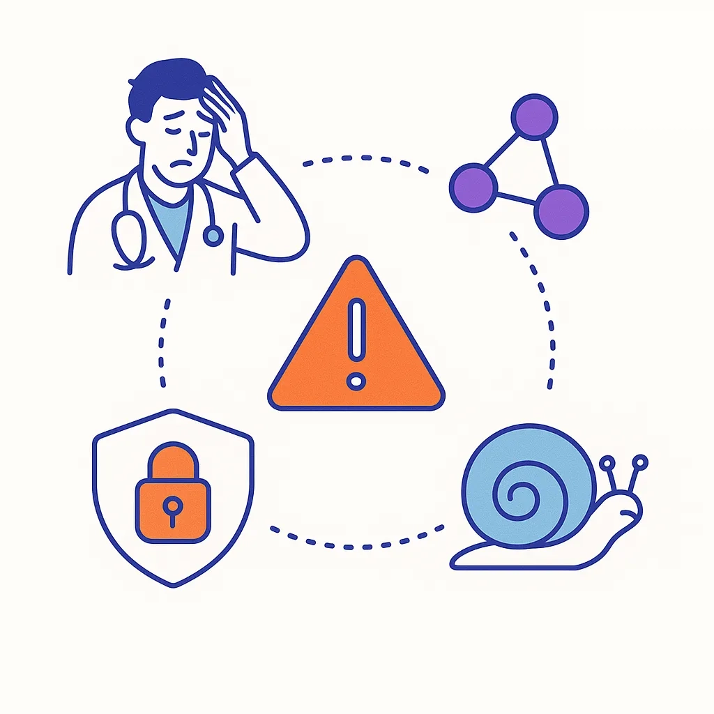 Four icons depict reduced doctor access, siloed solutions, privacy constraints, and slow learning cycles in pharma marketing.