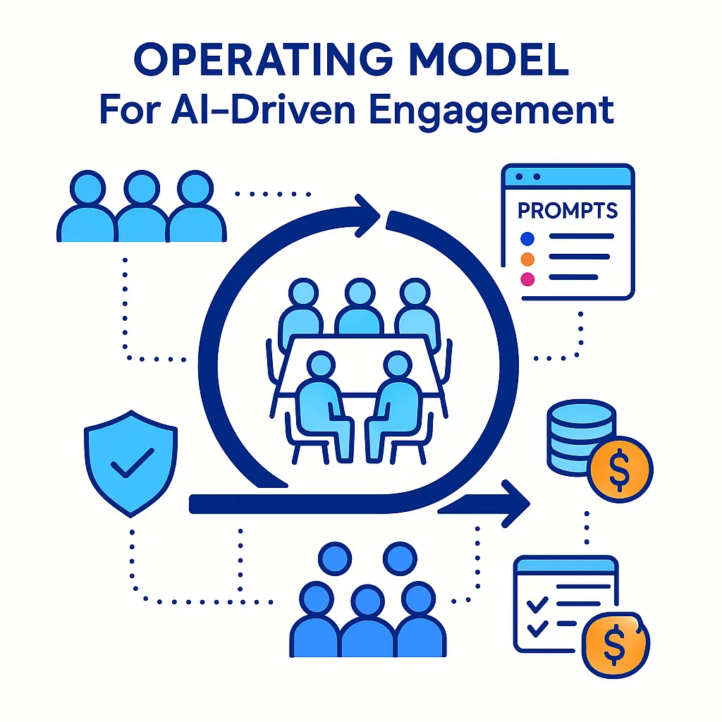 Scrum-like meeting surrounded by prompts, budgets, and compliance icons illustrates an AI operating model.