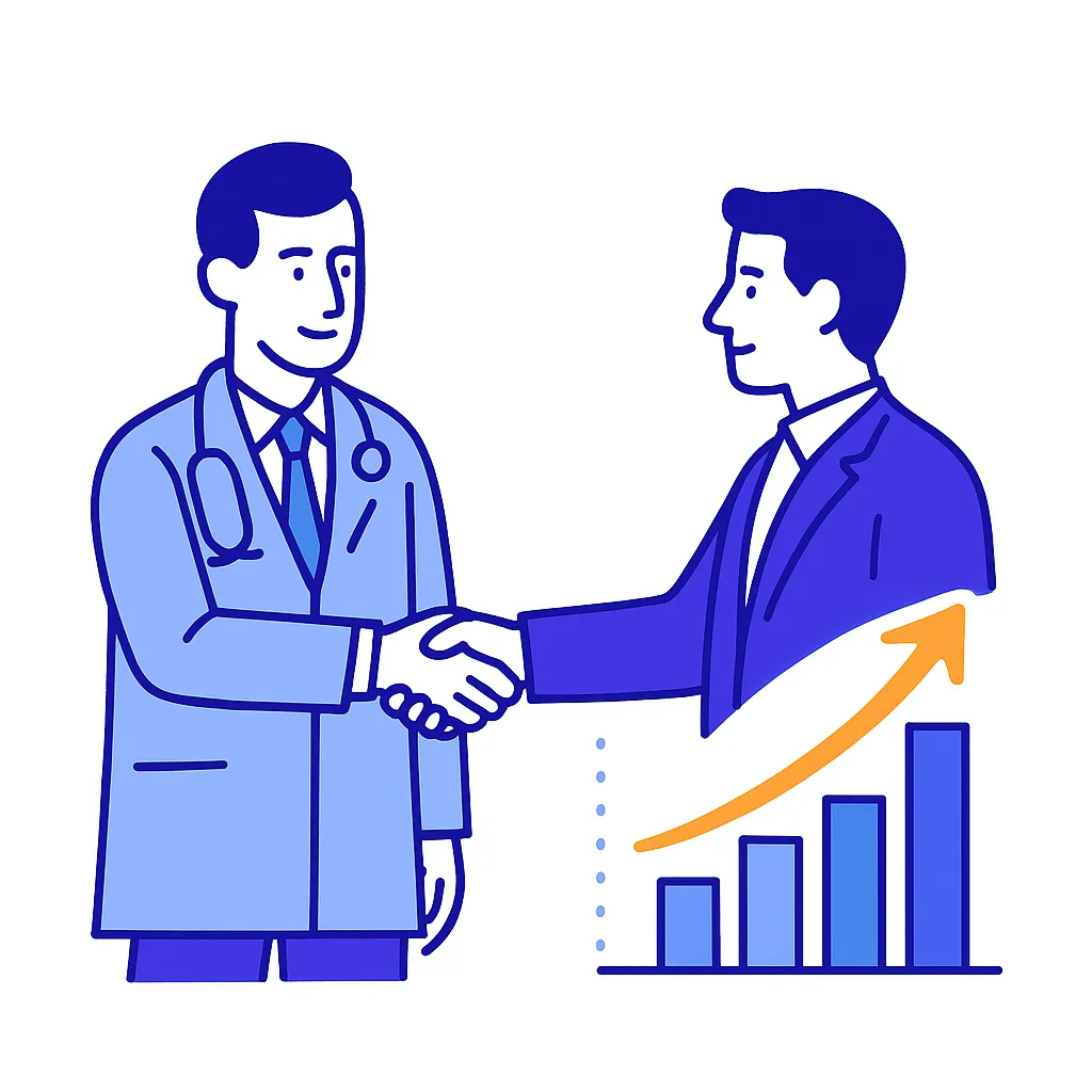 A doctor and sales rep shake hands beside a rising bar chart symbolizing improved provider engagement.