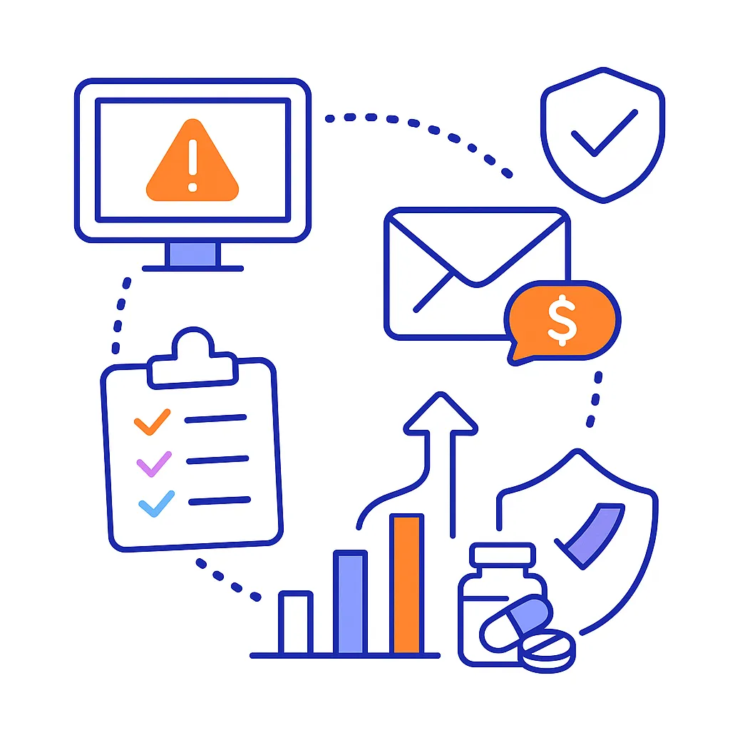 Warning icons, checklist, copay message, and bar chart illustrate dynamic interventions to improve access.