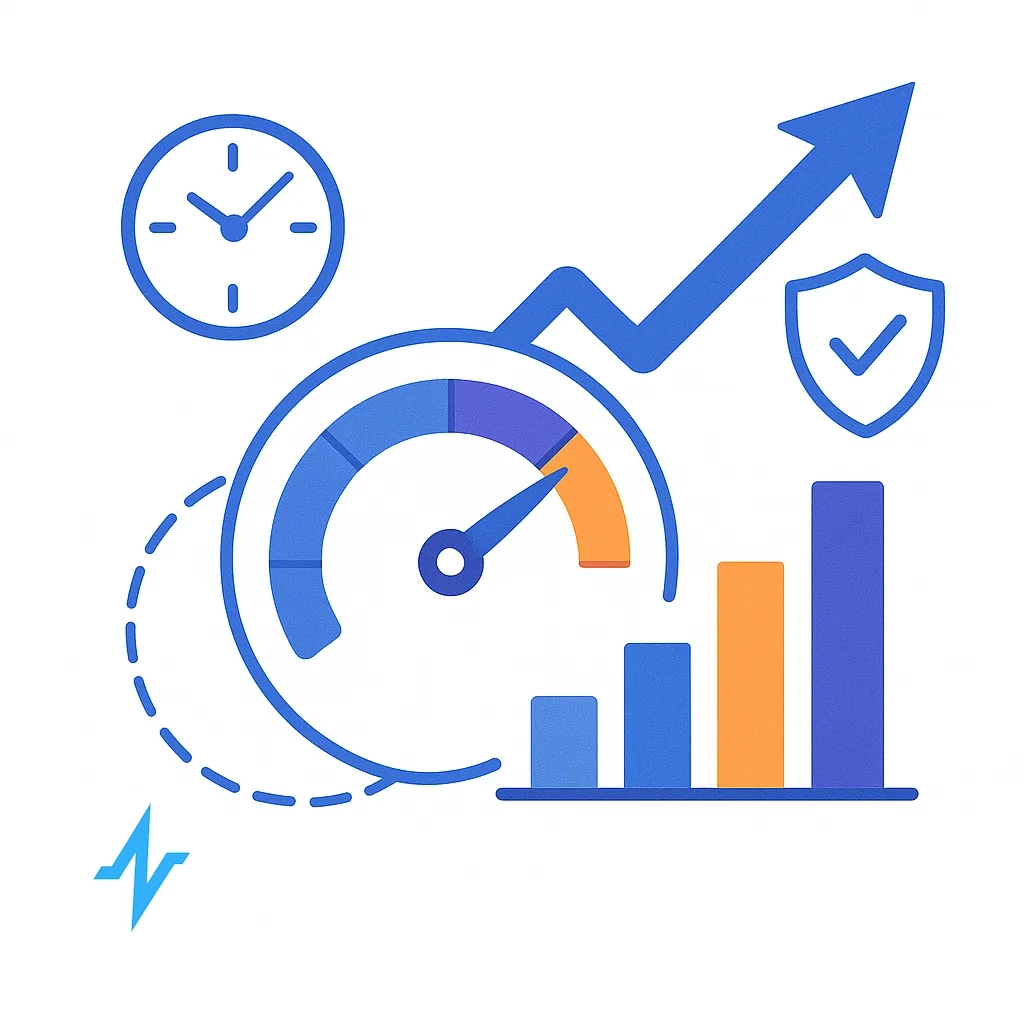 Clock, speedometer, bar chart, and shield icons show faster cycles, growth, and compliance after six months.
