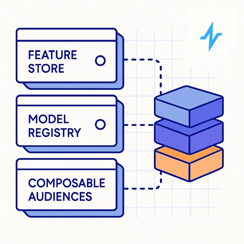 Stacked modules symbolize a feature store, model registry, and composable audiences that make health data actionable.
