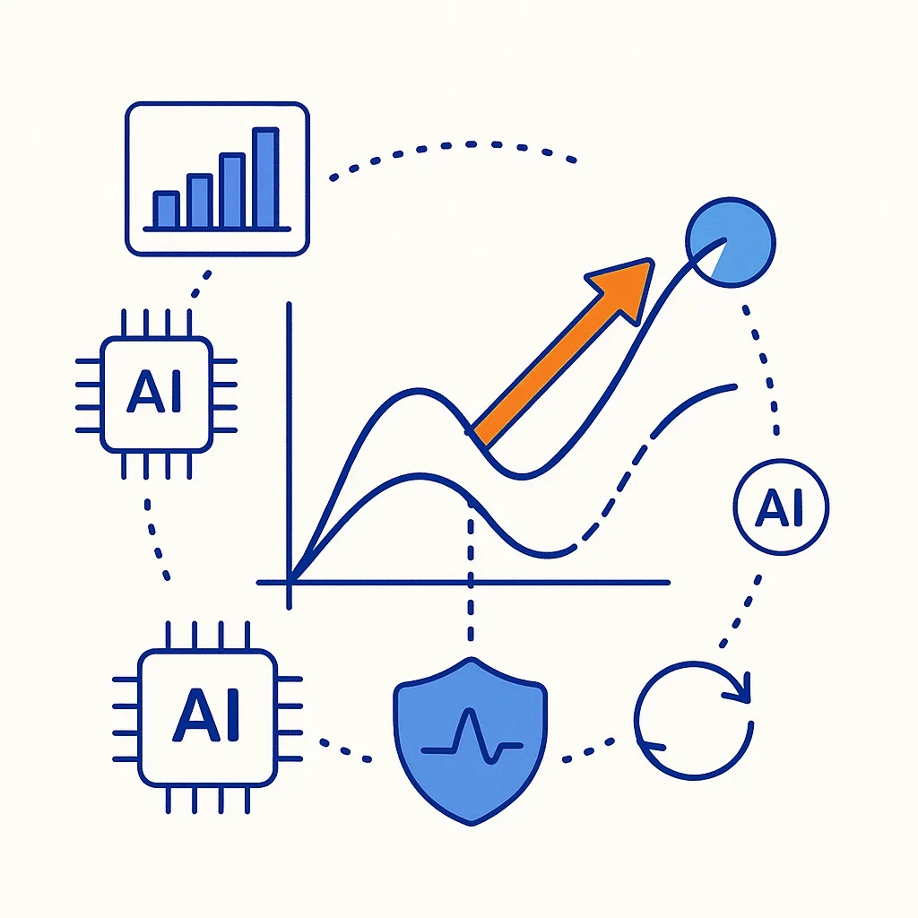 Curved lines and arrows show predictive versus actual outcomes with AI chips and graphs indicating causal analytics.