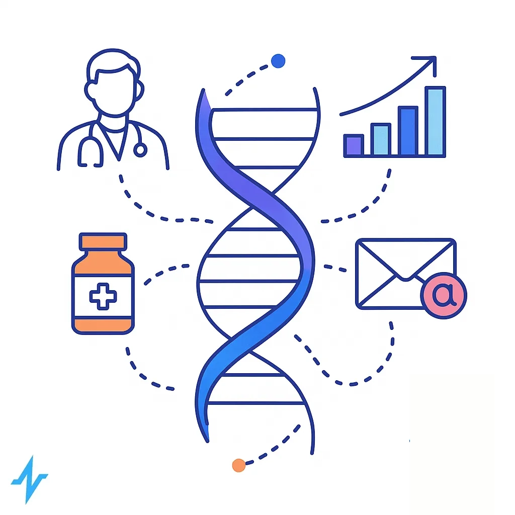 Illustration of DNA helix connecting doctor, bar chart, pill bottle and email icons with dotted lines on white background.