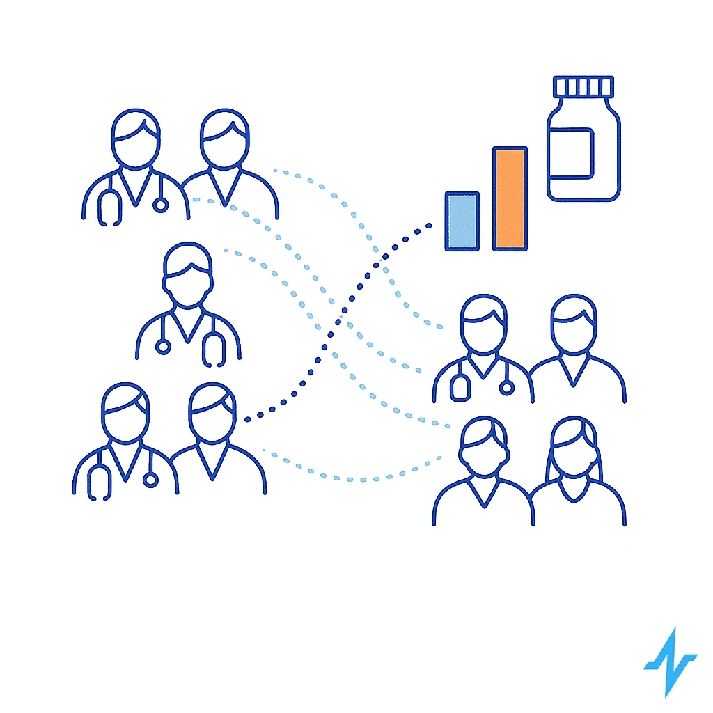 Two groups of doctors linked by dotted randomization paths with a bar chart showing prescription lift in the test group.
