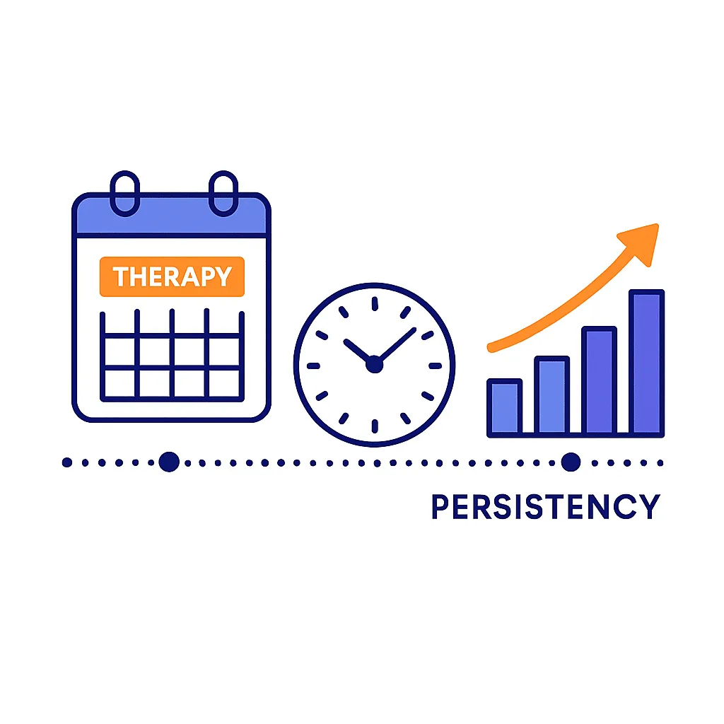 Timeline with calendar, clock and rising bar graph linked by dotted lines representing therapy start and refill persistency.
