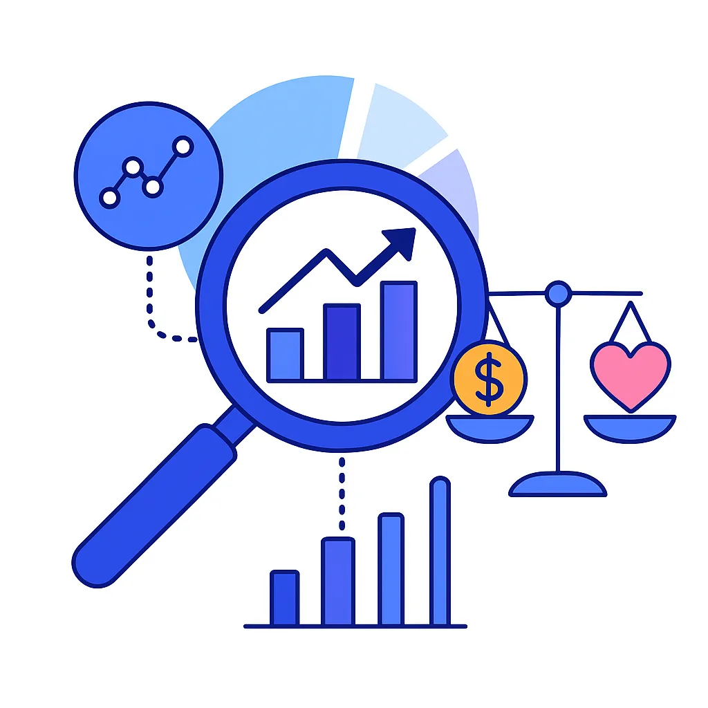 Magnifying glass over bar graph and scales balancing heart and dollar icons to represent cost versus long-term value.