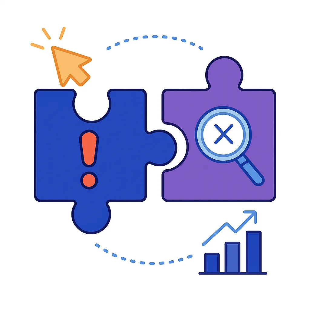 Puzzle pieces with exclamation and magnifying glass icons misaligned and dotted arrows showing mismatched comparisons.