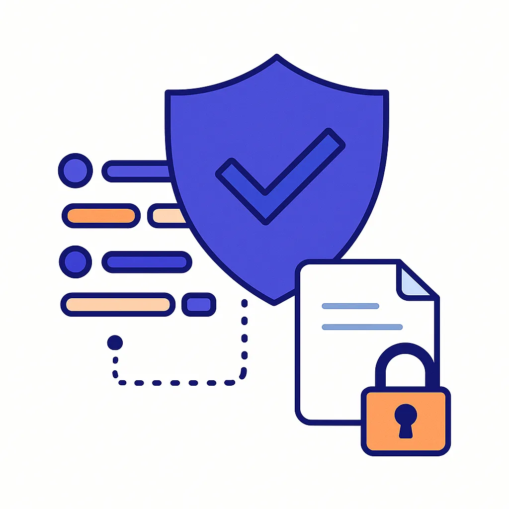 Shield with checkmark protecting document and lock icons with dotted lines representing secure de-identified data handling.