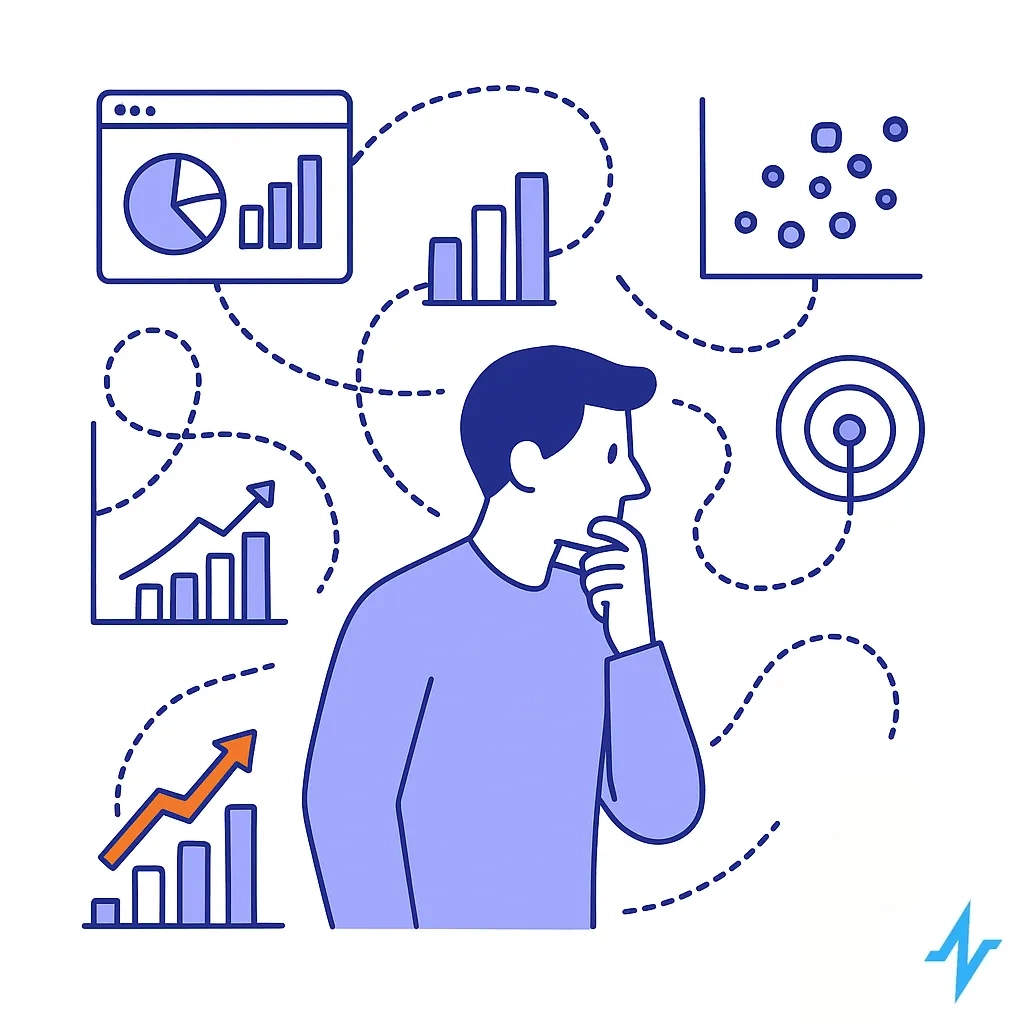 Minimal line art of a person surrounded by scattered charts and graphs linked by dotted lines showing data confusion.